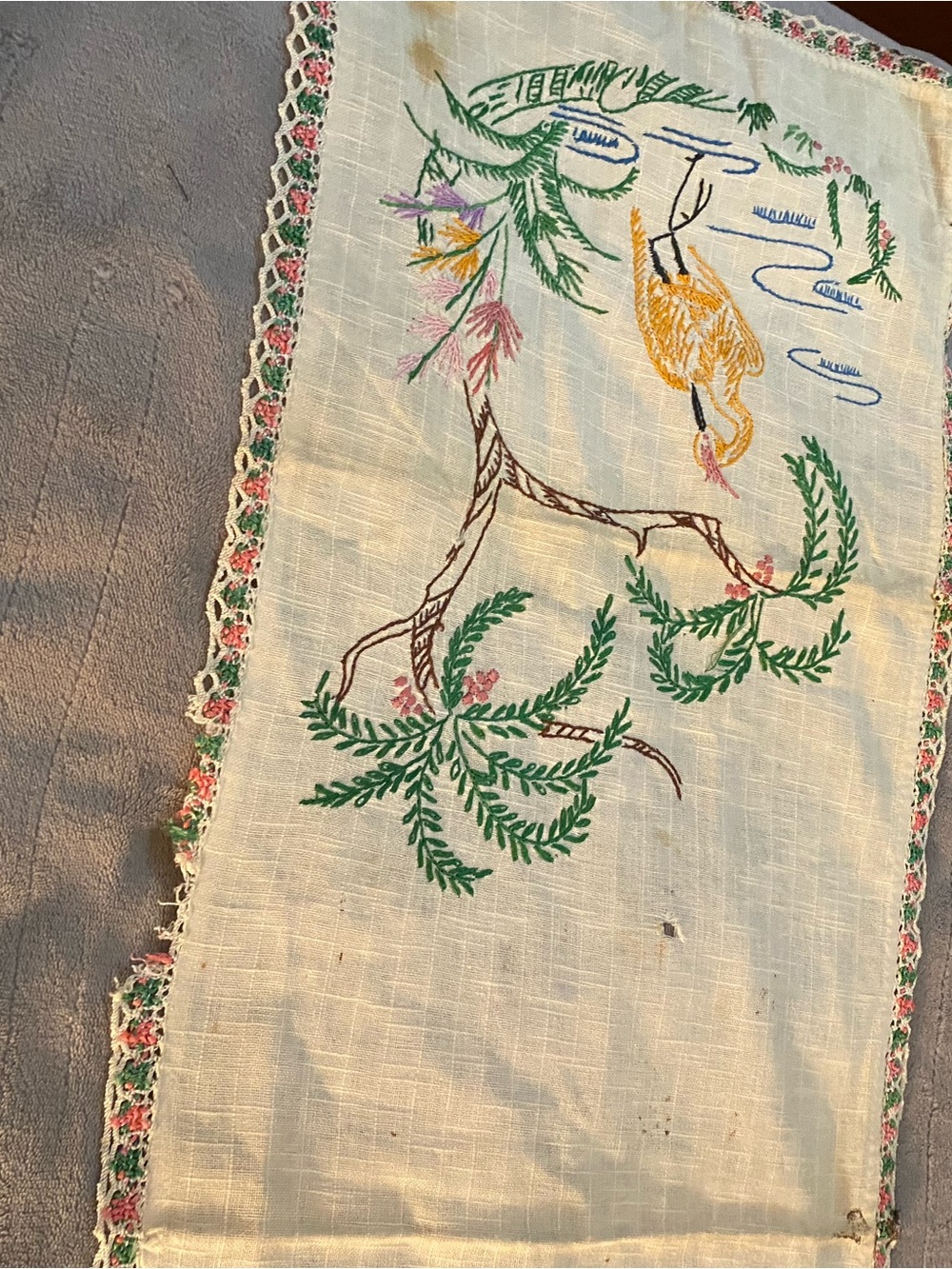 Hand Crafted Cream Linen Runner with Yellow Bird and Green Foliage